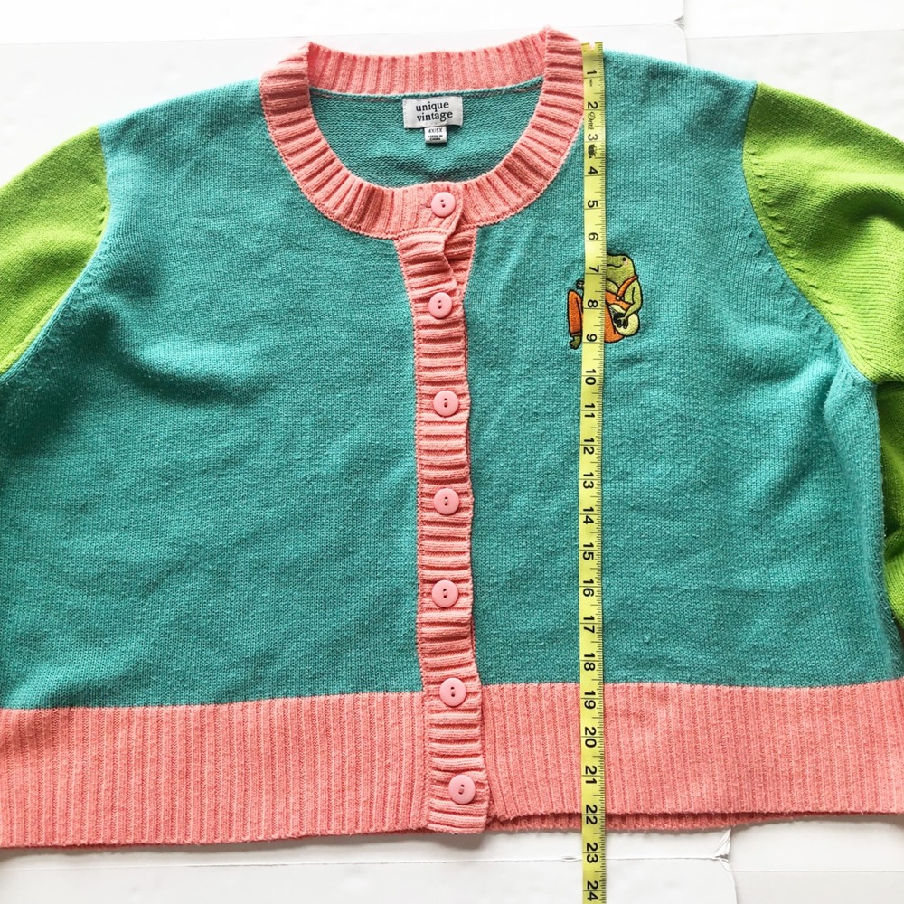Unique Vintage Sweater Womens 4X 5X Colorblock Teal Green Pink Frog Cardigan - Picture 10 of 12